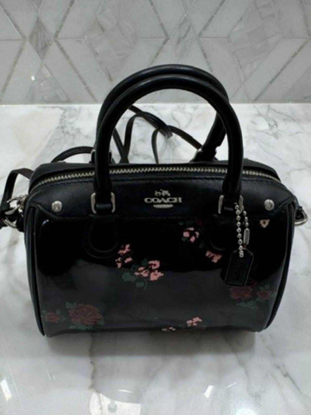 Coach Mini Bennet Satchel. Adjustable strap.  Black floral.